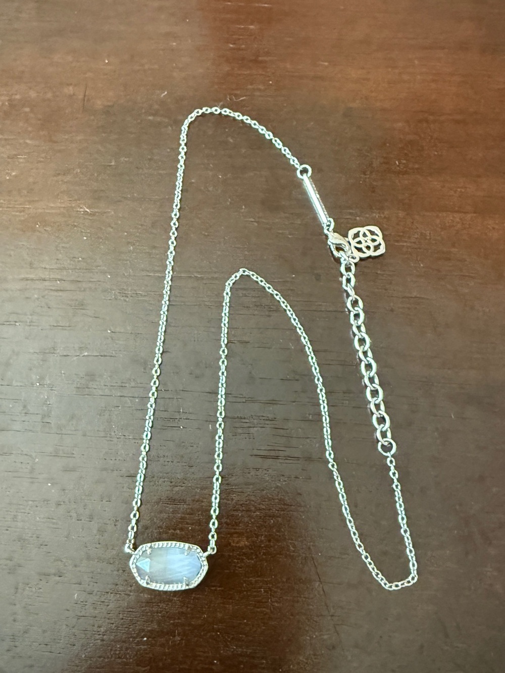 Kendra Scott Silver Chain Necklace with Light Blue/gray Oval Gemstone. Elisa.
